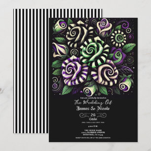 Lila Grün Schwarz Streifen Blumen Halloween Hochze Einladung