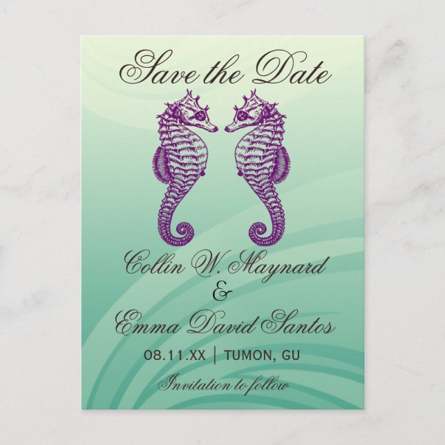Lila & grün Seepferd Save the Date Postkarte (Vorderseite)