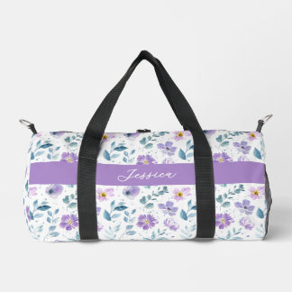 Lila Grüne Aquarell-Wildblumen-Monogramm Duffle Bag