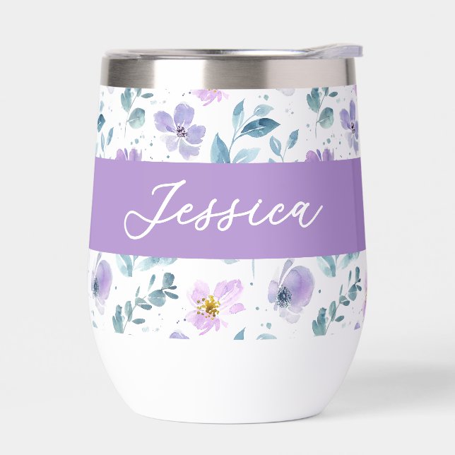 Lila Grüne Aquarell-Wildblumen-Monogramm-Name (Links)