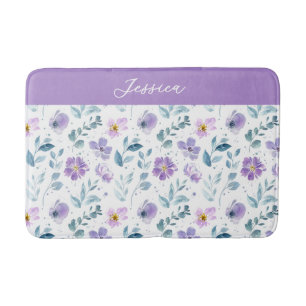 Lila Grüne Aquarell-Wildblumen-Monogramm-Name Badematte