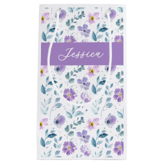 Lila Grüne Aquarell-Wildblumen-Monogramm-Name Kleine Geschenktüte