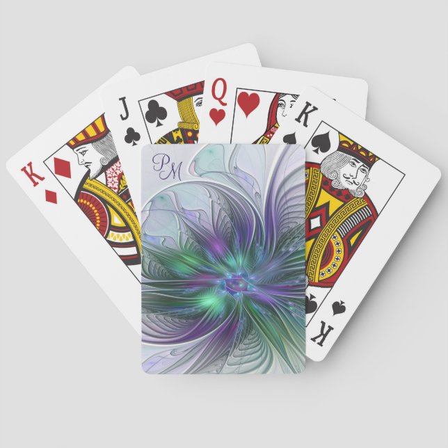Lila grüne Blume Moderne Abstrakt Art Monogram Spielkarten (Rückseite)