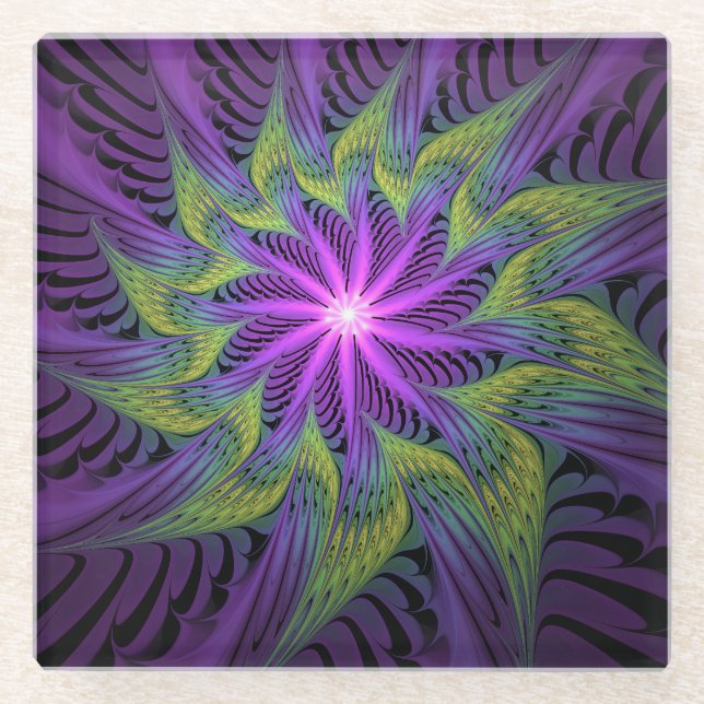 Lila grüne Blume Moderne Abstrakte Fraktal Kunst Glasuntersetzer (Vorderseite)