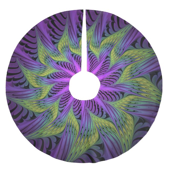 Lila grüne Blume Moderne Abstrakte Fraktal Kunst Polyester Weihnachtsbaumdecke (Vorderseite)