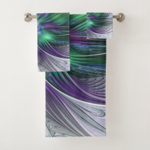 Lila grüne Blume Moderne Abstrakte Kunst Fraktal Badhandtuch Set