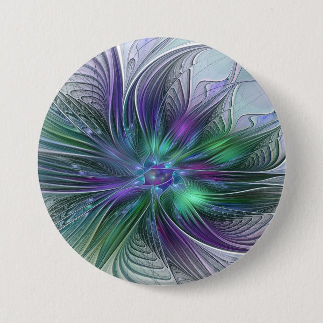 Lila Grüne Blume Moderne Abstrakte Kunst Fraktal Button (Vorderseite)