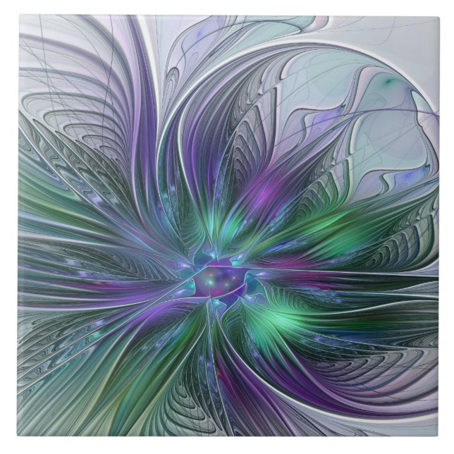 Lila grüne Blume Moderne Abstrakte Kunst Fraktal Fliese (Vorderseite)