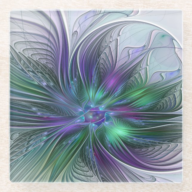 Lila grüne Blume Moderne Abstrakte Kunst Fraktal Glasuntersetzer (Vorderseite)