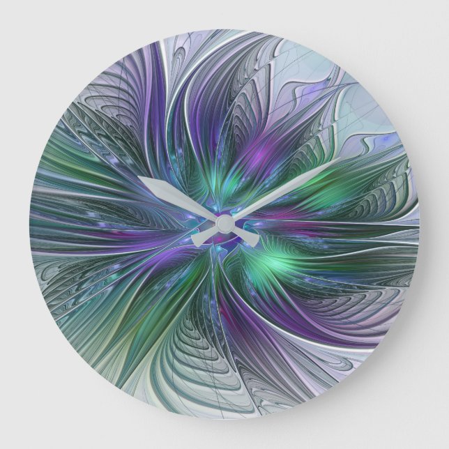 Lila grüne Blume Moderne Abstrakte Kunst Fraktal Große Wanduhr (Vorderseite)