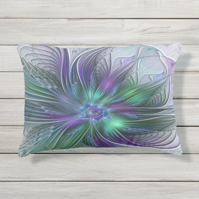 Lila grüne Blume Moderne Abstrakte Kunst Fraktal Kissen Für Draußen (Vorderseite)