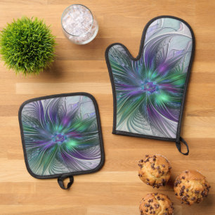 Lila Grüne Blume Moderne Abstrakte Kunst Fraktal Ofenhandschuh & Topflappen-Set