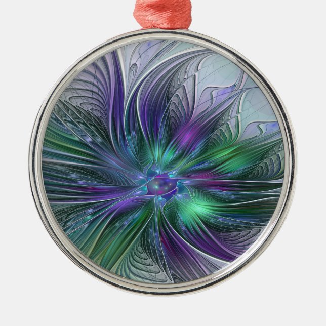 Lila grüne Blume Moderne Abstrakte Kunst Fraktal Ornament Aus Metall (Vorne)