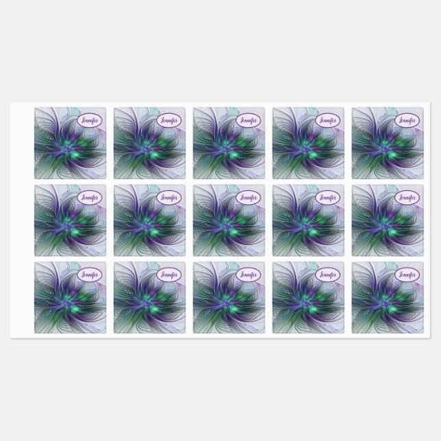 Lila grüne Blume Moderner Abstrakter Fraktal Name Etiketten (Blatt)