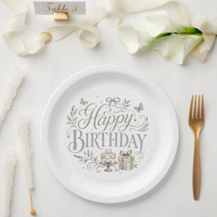 Lila Grüne Blumen Happy Geburtstag Pappteller