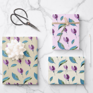 Lila grüne florale Wasserfarbe handgemalt Geschenkpapier Set