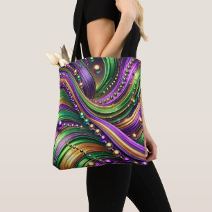 LILA GRÜNE GOLD MARDI GRAS WAVES & BEADS TASCHE