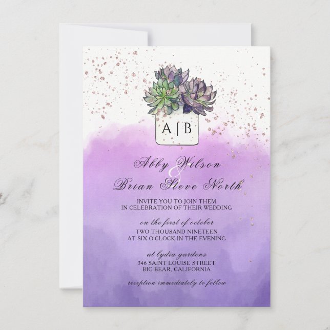 Lila grüne Kakteen Sukkulente Monogramm-Hochzeit Einladung (Vorderseite)