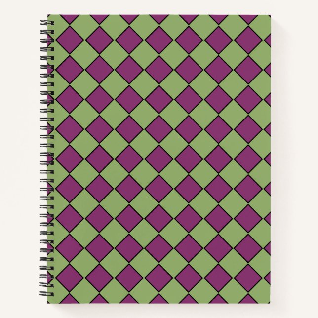 Lila Grüne Karo Diamant Muster Notizbuch (Vorderseite)