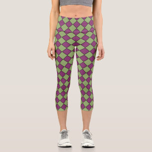 Lila Grüne Karo Diamantmuster Capri Leggings