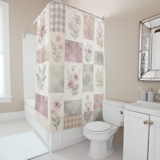 Lila Grüne Pastell-Quilt-Patchwork-Gingham-Blumen Duschvorhang (Beispiel)