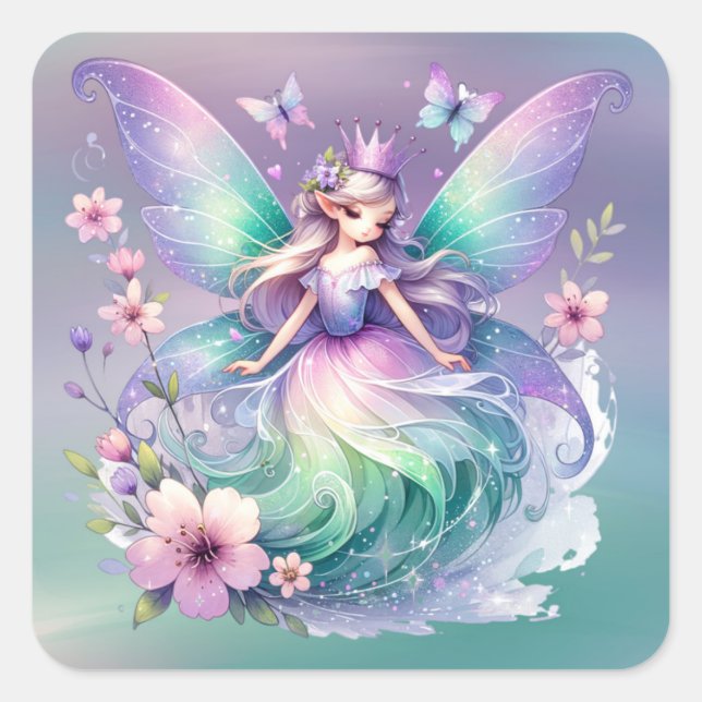 Lila Grüne Schmetterlingsmädchen Quadratischer Aufkleber (Vorderseite)