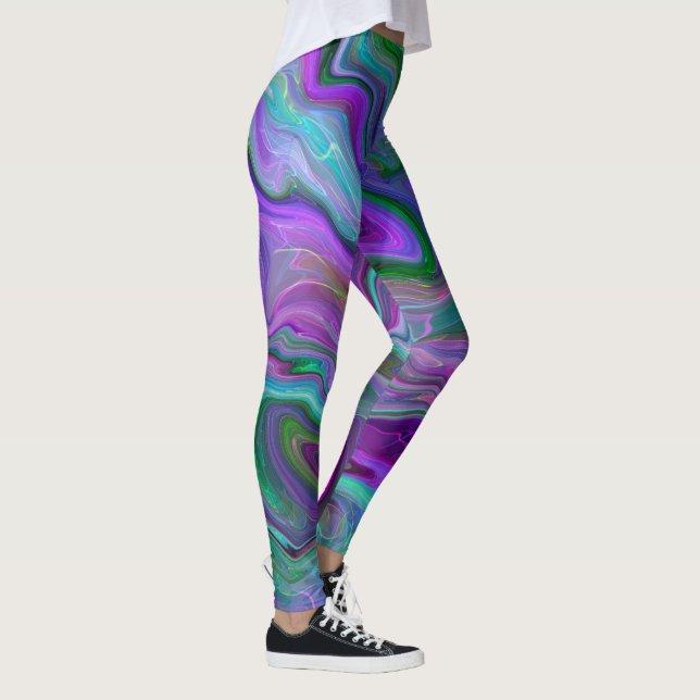 Lila, grüne und blaue Fluid Art Abstrakt Leggings (Rechts)