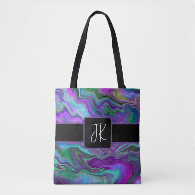 Lila, grüne und blaue Fluid Art Abstrakt Tasche (Vorderseite)