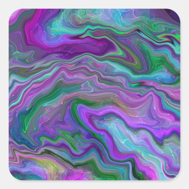 Lila, grüne und blaue Fluid Art Marmor Quadratischer Aufkleber (Vorderseite)