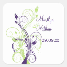 Lila-grüne Weiße Blüte 1,5" Hochzeitsaufkleber Quadratischer Aufkleber