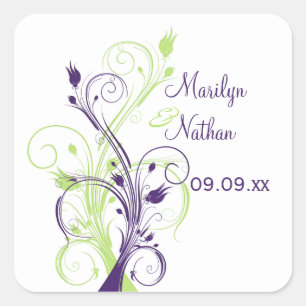 Lila-grüne Weiße Blüte 1,5" Hochzeitsaufkleber Quadratischer Aufkleber