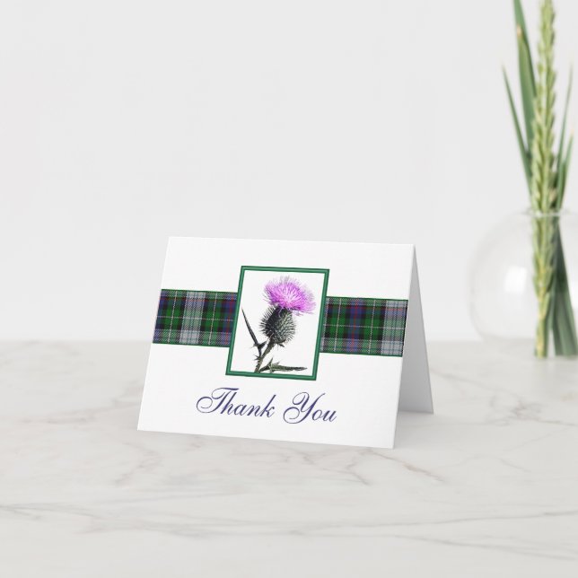 Lila, grüne, weiße Tartan-Distel danken Ihnen zu Dankeskarte (Vorderseite)