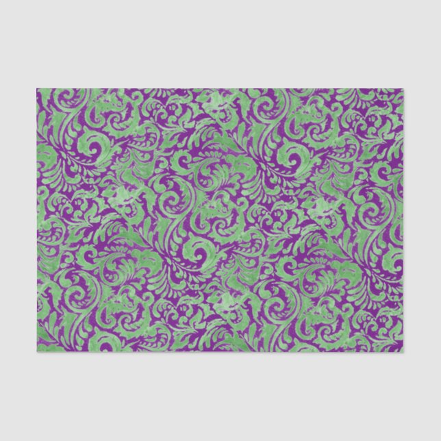 Lila grüner Blumenbatik Seidenpapier (Vorderseite)