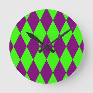 Lila Grüner Harlekin Kariertes Design Runde Wanduhr