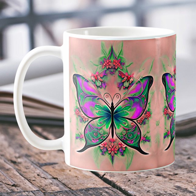 Lila grüner Schmetterling in Pink Kaffeetasse (Von Creator hochgeladen)