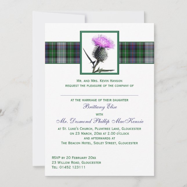 Lila Grüner Tartan Thistle Hochzeit Einladung (Vorderseite)