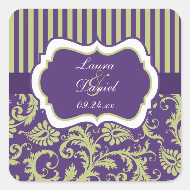 Lila, grüner, weißer Damast-Hochzeitsticker Quadratischer Aufkleber (Vorderseite)