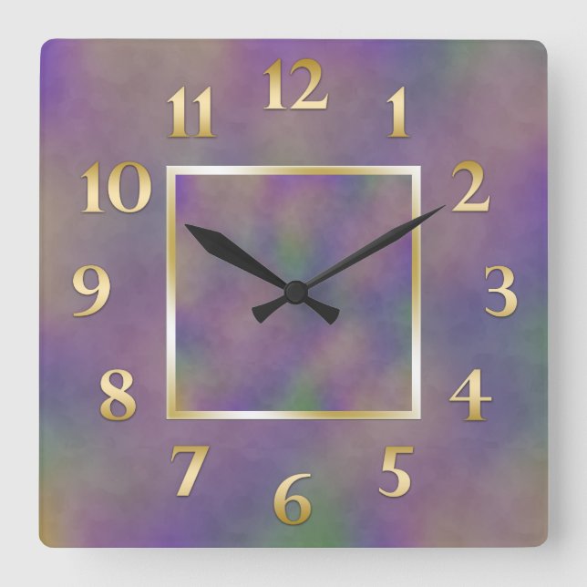 Lila grünes Metallic Gold Quadratische Wanduhr (Vorderseite)