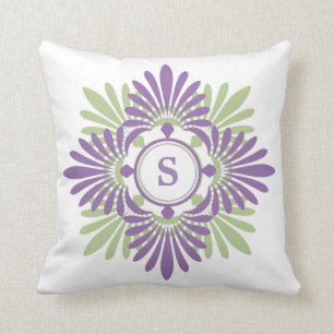 Lila grünes modernes Blumenmuster mit Monogramm Kissen