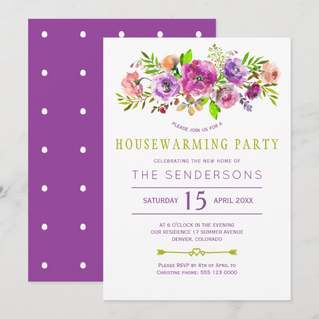 Lila grünes rustikales bohobales Blumenhaus Party Einladung (Vorne/Hinten)