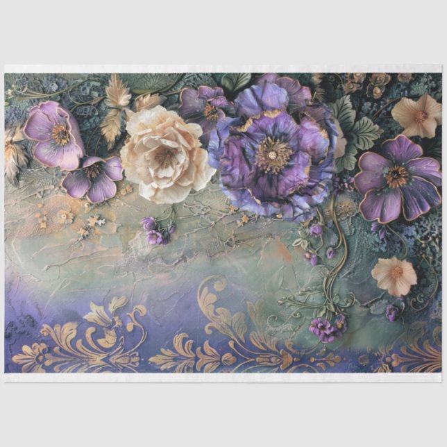 Lila grünes Shabby Chic zertätert Blumen & Demask Seidenpapier (Vorderseite)