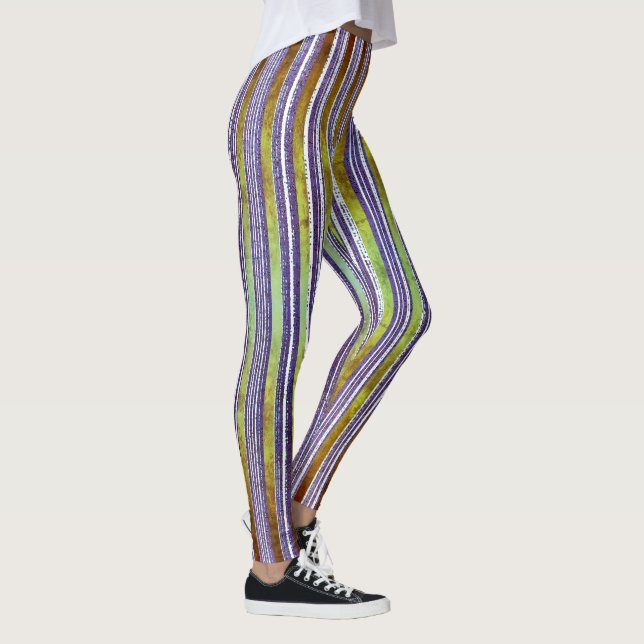 Lila, grünes und weißes Streifenmuster Leggings (Rechts)