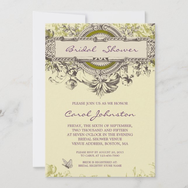 Lila grünes Vintages BlumenBrautparty Einladung (Vorderseite)