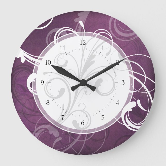 Lila Grunge Damask Elegante Wirbel Große Wanduhr (Vorderseite)