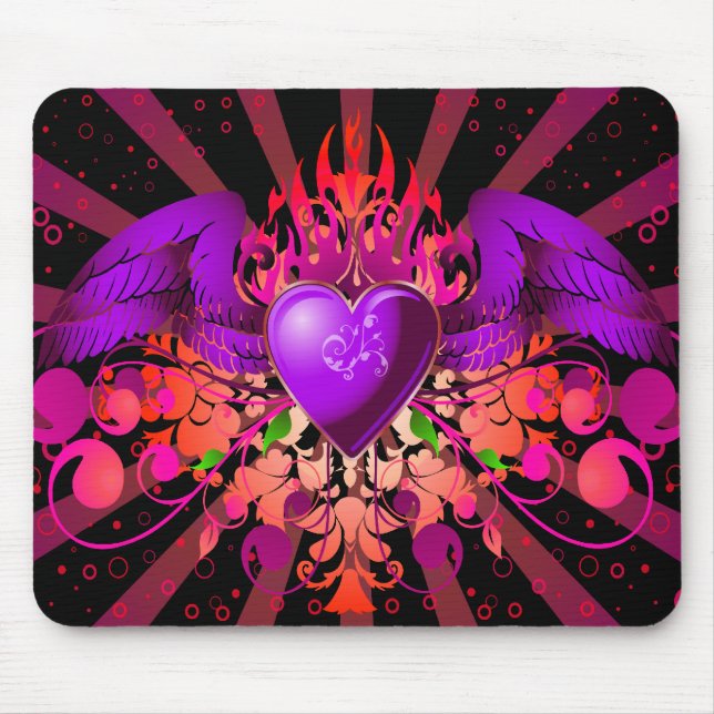 Lila Grunge Winged Heart Design Mousepad (Vorne)