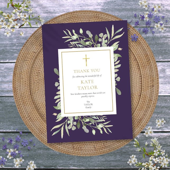 Lila Grünlandschaft Christliche Beerdigung Gedenks Dankeskarte (Purple Greenery Christian Funeral Memorial Thank You Card)