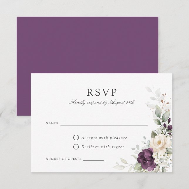 Lila Grünpflanzen Gold Wedding RSVP Card Einladung (Vorne/Hinten)