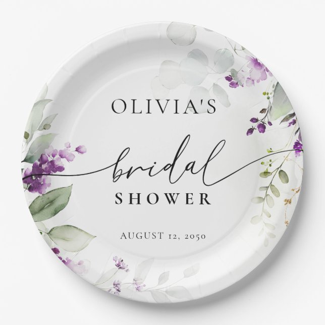 Lila Grünpflanzenlavender Brautparty Papierplatte Pappteller (Vorderseite)