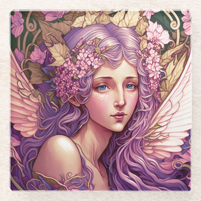 Lila Hair Fairy Angel Fantasy Kunst, Dichtung und  Glasuntersetzer (Vorderseite)