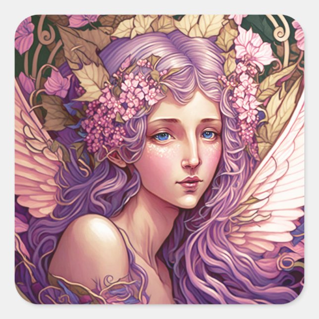 Lila Hair Fairy Angel Fantasy Kunst, Dichtung und  Quadratischer Aufkleber (Vorderseite)